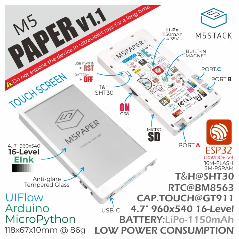 Официальная плата разработки M5Stack M5PaperV1.1 с 4,7-дюймовым электронным сенсорным E-Ink экраном и ESP32
Официальная плата разработки M5Stack M5PaperV1.1 с 4,7-дюймовым электронным сенсорным E-Ink экраном и ESP32