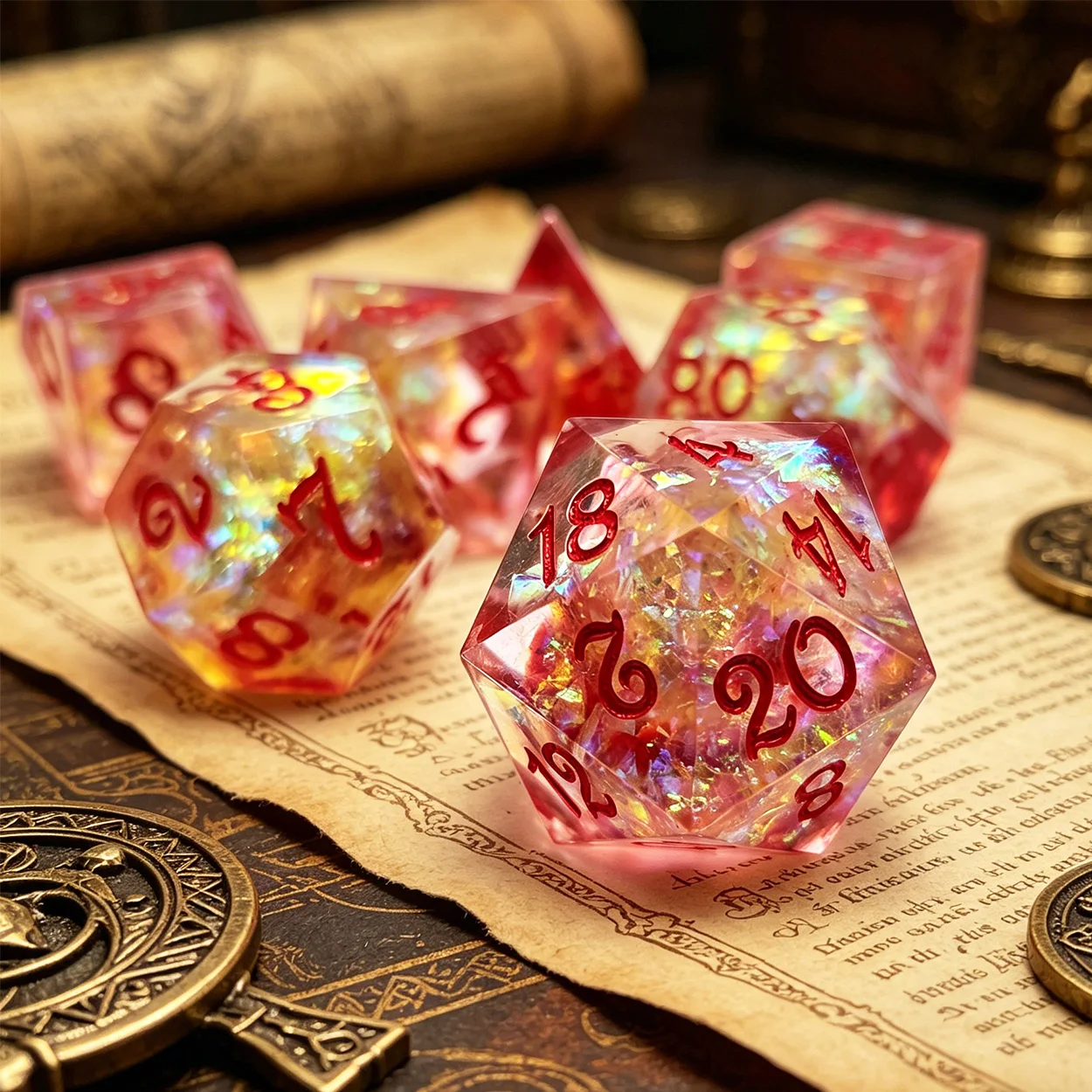 7pcs sharp edges embedded with gold foil and red dye semi transparent design DND resin dice set, for Dungeons&Dragons
7pcs sharp edges embedded with gold foil and red dye semi transparent design DND resin dice set, for Dungeons&Dragons