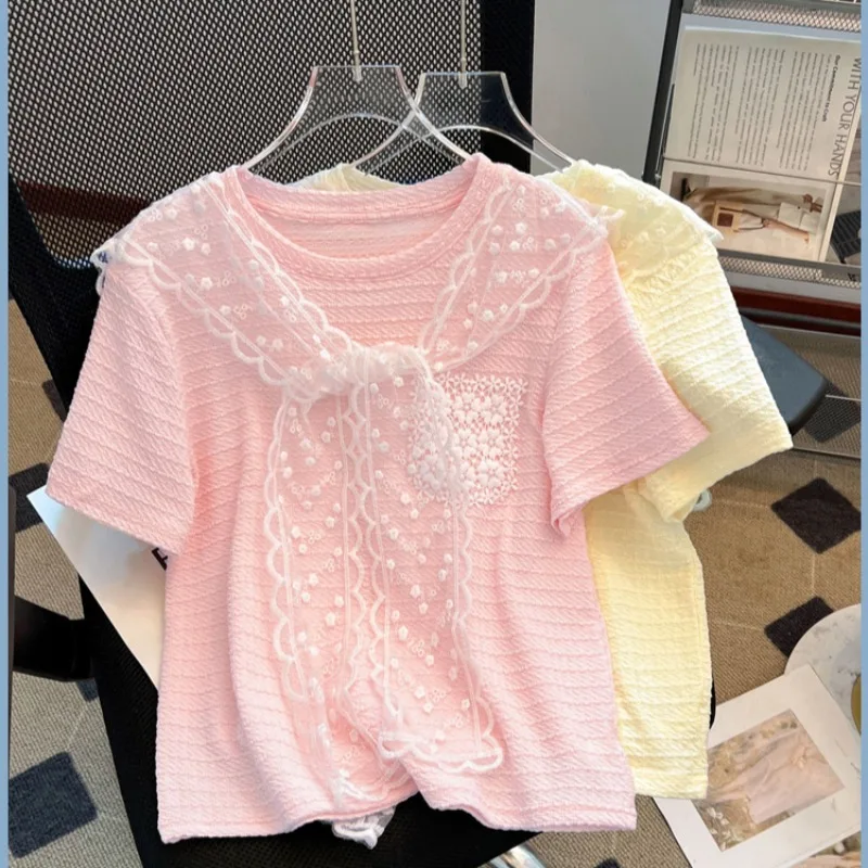 Korean White Lace Shoulder Shawl Short Sleeve Round Neck T-Shirt Women's Summer Sle Unique Beautiful Base Shirt Commute
Korean White Lace Shoulder Shawl Short Sleeve Round Neck T-Shirt Women's Summer Sle Unique Beautiful Base Shirt Commute