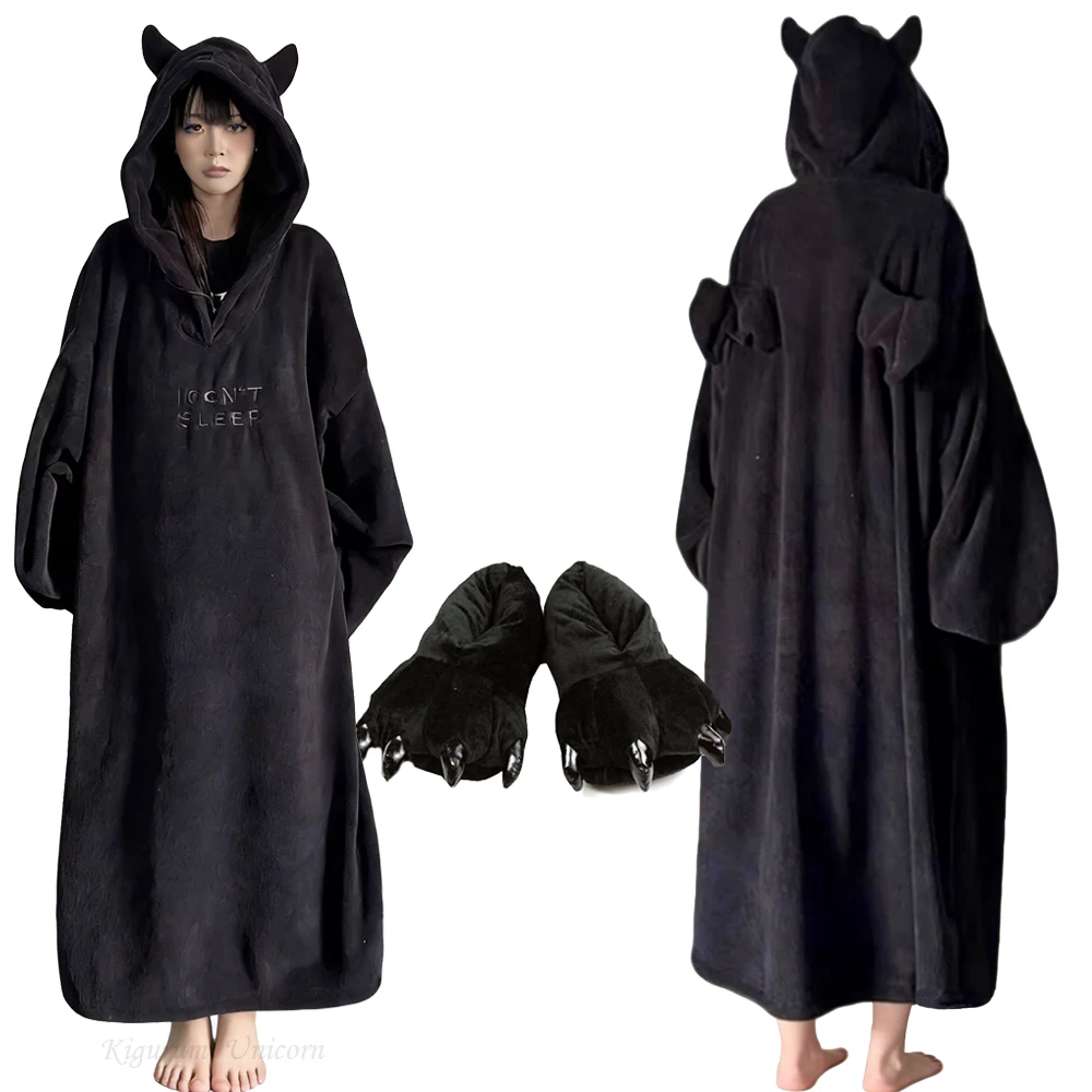 Утолщенные мягкие пижамы, черный демон, кигуруми, единоро, домашняя одежда, свободные платья большого размера с капюшоном, халат для пары, зимняя одежда для сна
Утолщенные мягкие пижамы, черный демон, кигуруми, единоро, домашняя одежда, свободные платья большого размера с капюшоном, халат для пары, зимняя одежда для сна