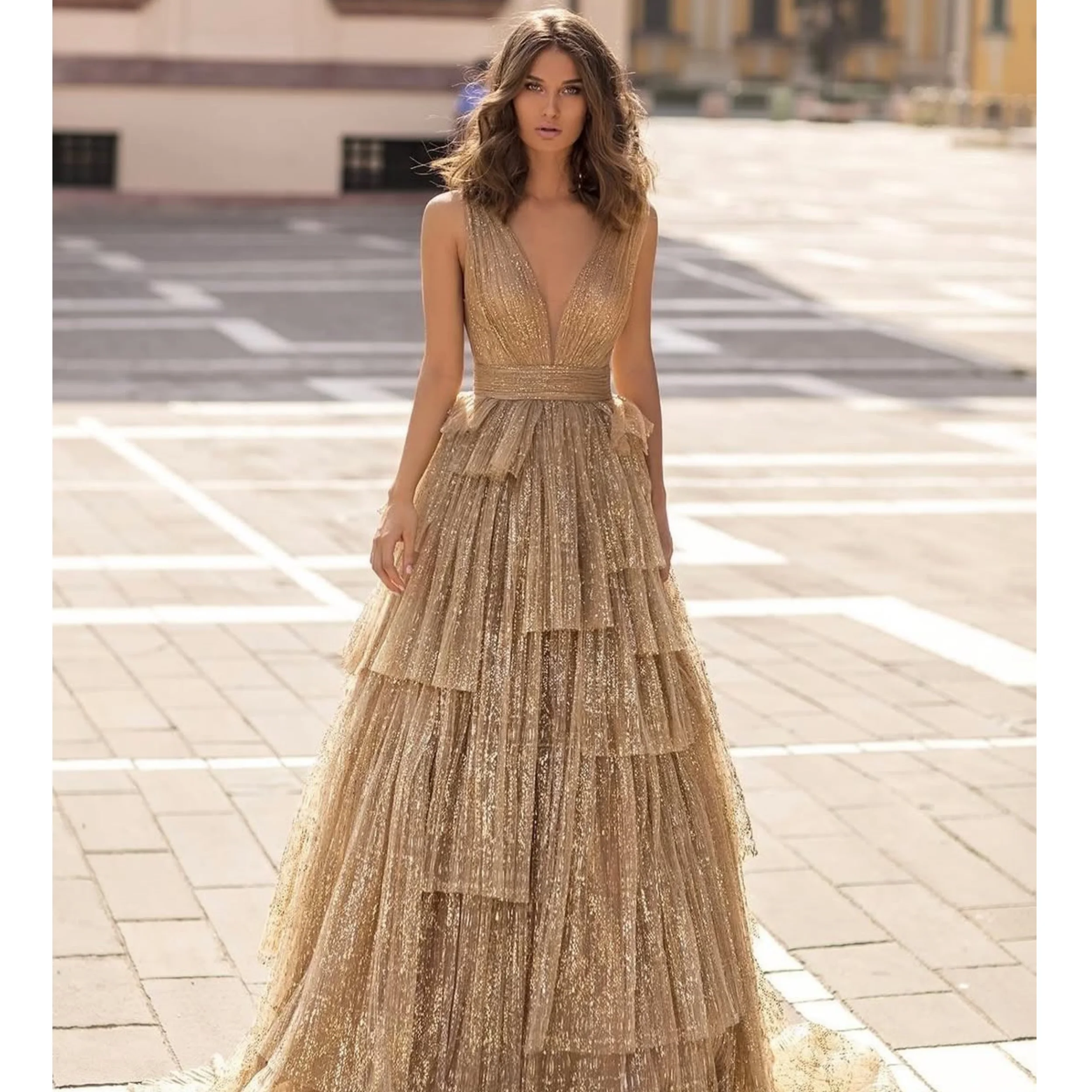 Rose Sequin Evening Dresses A Line V Neck Tiered Prom Party Gowns Bithday Customized Women Backless Beach Vestidos de Fiesta
Rose Sequin Evening Dresses A Line V Neck Tiered Prom Party Gowns Bithday Customized Women Backless Beach Vestidos de Fiesta