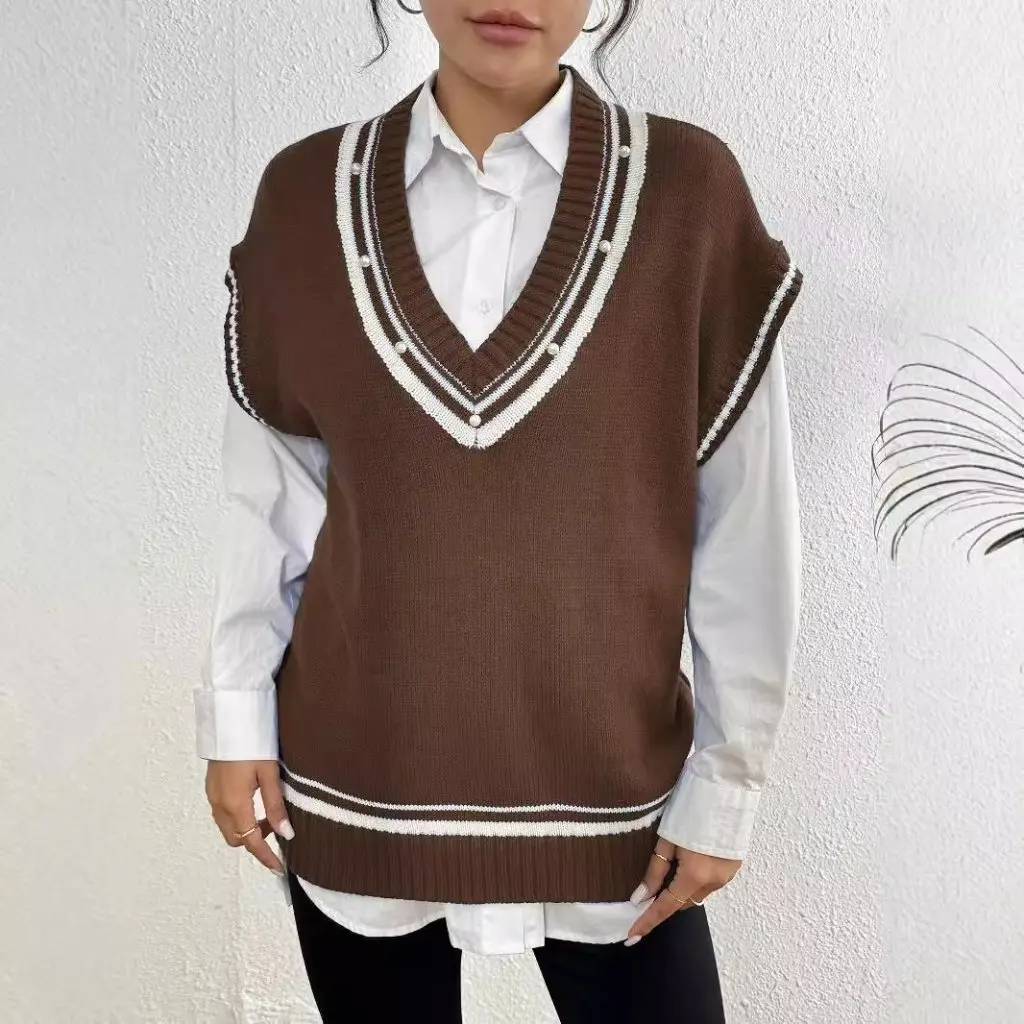 Women's College-Style Contrast Color Stripe Stitching Deep V-neck Casual Vest Sweater with Pearl Bead European American Fashion 
Women's College-Style Contrast Color Stripe Stitching Deep V-neck Casual Vest Sweater with Pearl Bead European American Fashion