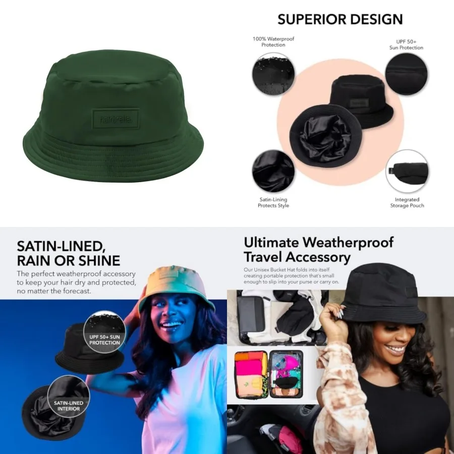 Hairbrella Waterproof Bucket Hat for Women and Men Satin Lined Cap UPF 50+ Rain Hat, Packable, Outdoor
Hairbrella Waterproof Bucket Hat for Women and Men Satin Lined Cap UPF 50+ Rain Hat, Packable, Outdoor