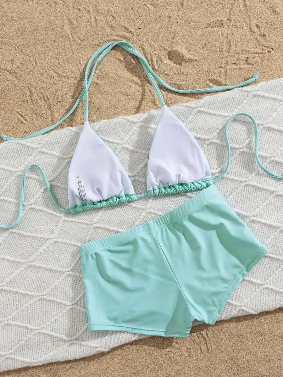 Mint Green Triangle Bikini Set With Adjustable Straps And High-Waisted Shorts For Beach Summer
Mint Green Triangle Bikini Set With Adjustable Straps And High-Waisted Shorts For Beach Summer