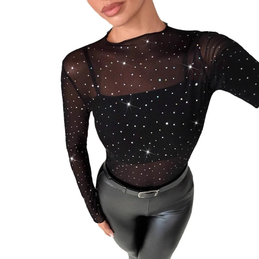 2026 Stand Collar Long Sleeve Mesh Transparent Rhinestone Decorated T-Shirt Woman Clothing Top Women T-shirt Tank Top Female
2026 Stand Collar Long Sleeve Mesh Transparent Rhinestone Decorated T-Shirt Woman Clothing Top Women T-shirt Tank Top Female