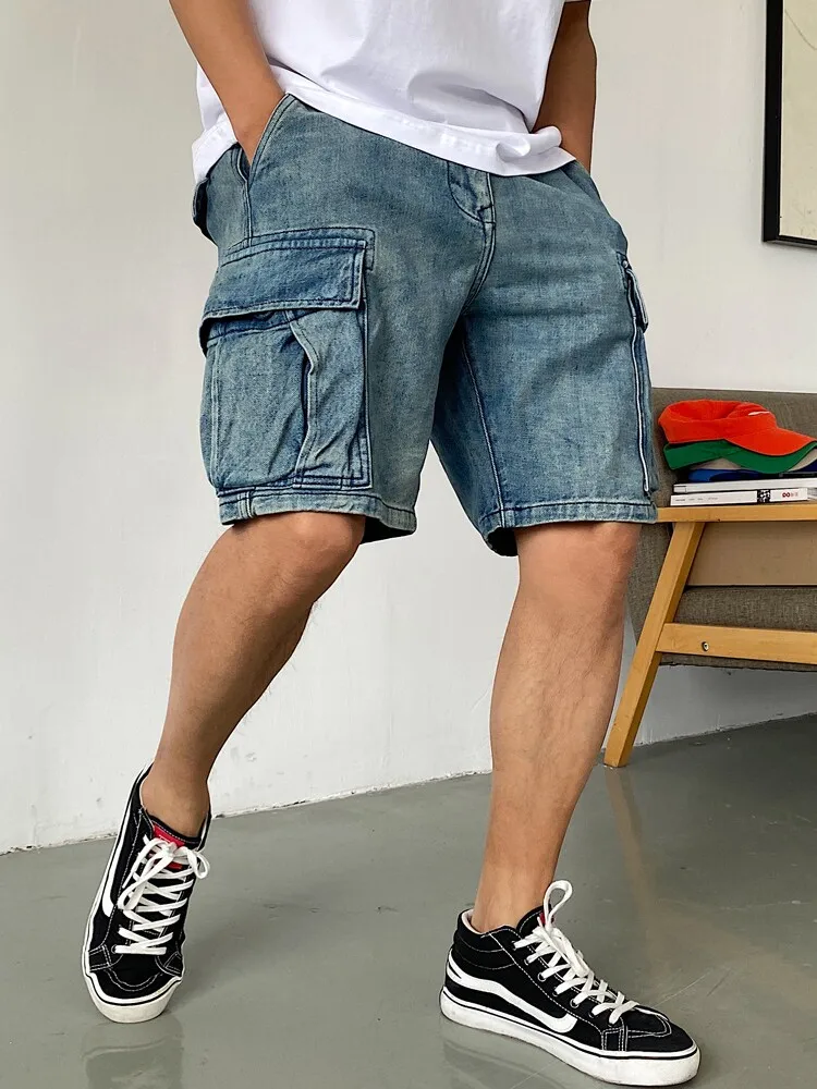 American Retro Blue Denim Shorts For Men Summer Casual Fashion Workwear Style Washed Distressed Multi Pocket Knee-Length Jeans
American Retro Blue Denim Shorts For Men Summer Casual Fashion Workwear Style Washed Distressed Multi Pocket Knee-Length Jeans