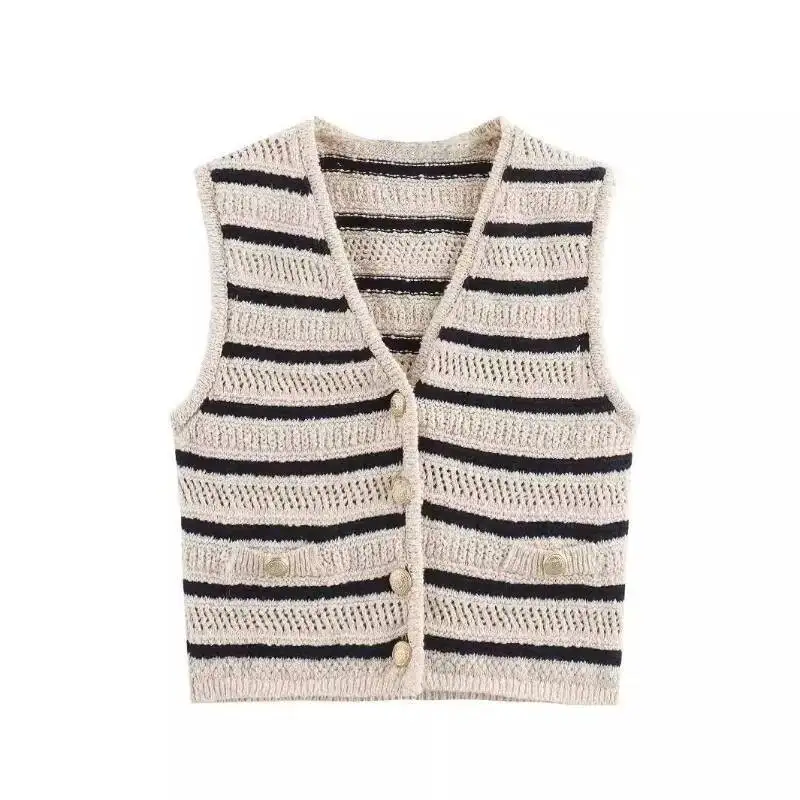 Fashion Temperament Striped Vest Women New V Neck Sleeveless Knitted Button Tank Top Female Casual Minimalist Hollowed Out Tops
Fashion Temperament Striped Vest Women New V Neck Sleeveless Knitted Button Tank Top Female Casual Minimalist Hollowed Out Tops