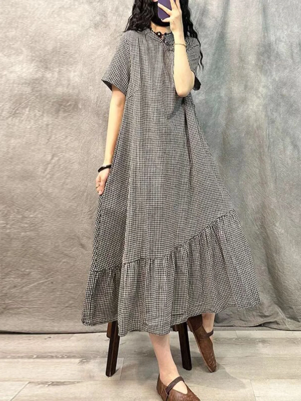 Summer Vintage Large Size Women's Cotton Linen Dr Loose Long Skirt with Button Detail ort Sve Stand Collar Gingham
Summer Vintage Large Size Women's Cotton Linen Dr Loose Long Skirt with Button Detail ort Sve Stand Collar Gingham