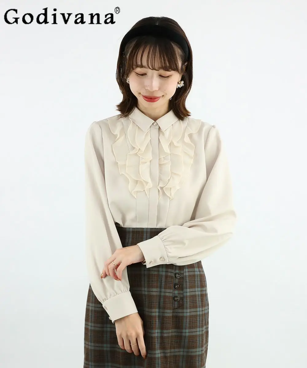 2024 Autumn Winter New Solid Color Long Sleeves Shirt Women Loose French Court Style Heavy Industry Ruffles Lace Bottom Blouses
2024 Autumn Winter New Solid Color Long Sleeves Shirt Women Loose French Court Style Heavy Industry Ruffles Lace Bottom Blouses
