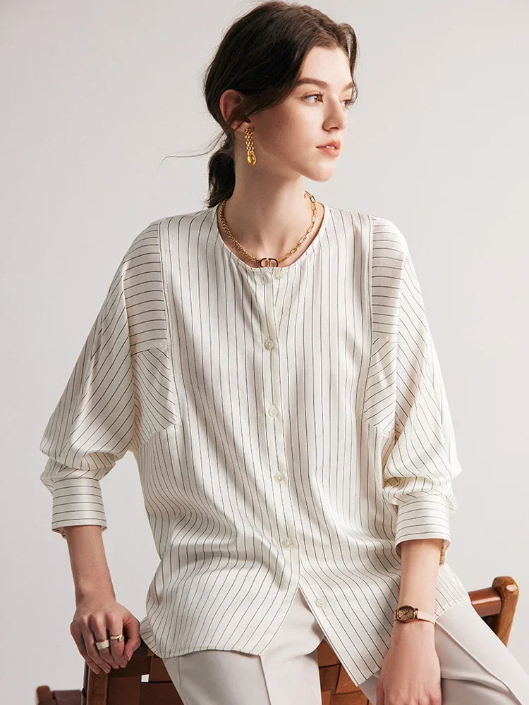 Women Stripes Shirts 100%Real Silk Round Collar Single Breasted Chic Blouses 2023 Spring Summer Loose White Top
Women Stripes Shirts 100%Real Silk Round Collar Single Breasted Chic Blouses 2023 Spring Summer Loose White Top