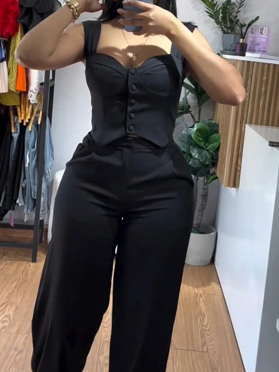 2 Piece Thick Strap Button Front Slim Fit Tank Top High Waist Wide Leg Pants Casual Outfit Set
2 Piece Thick Strap Button Front Slim Fit Tank Top High Waist Wide Leg Pants Casual Outfit Set