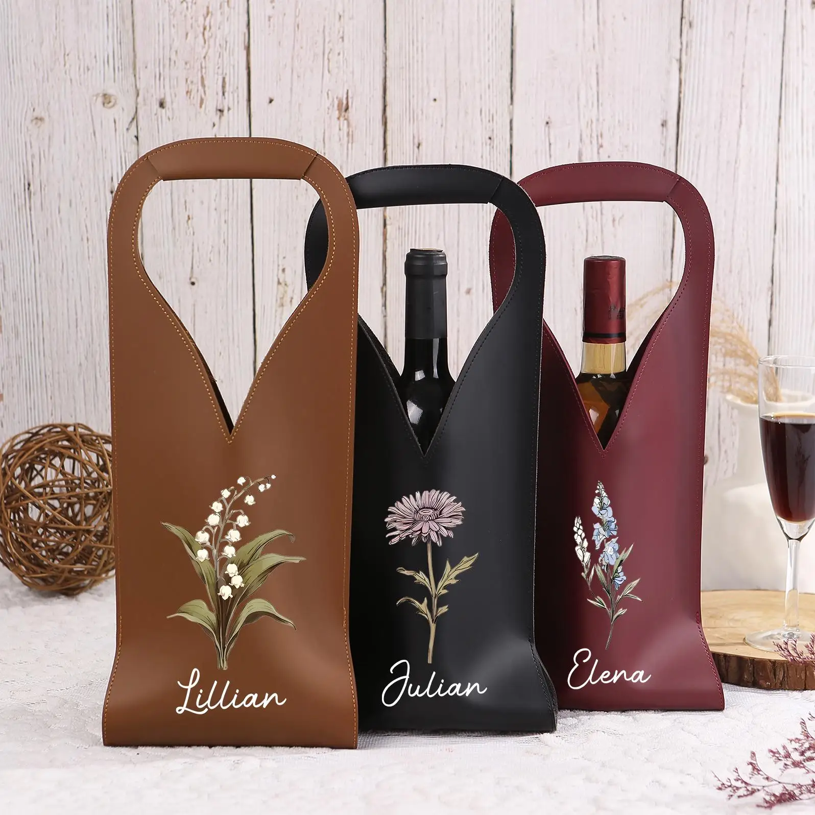 1/2/5 PCS Custom Leather Wine Bag, Personalized Bottle Tote with Birth Floral Engraving, Reusable Gift for Weddings/Christmas
1/2/5 PCS Custom Leather Wine Bag, Personalized Bottle Tote with Birth Floral Engraving, Reusable Gift for Weddings/Christmas