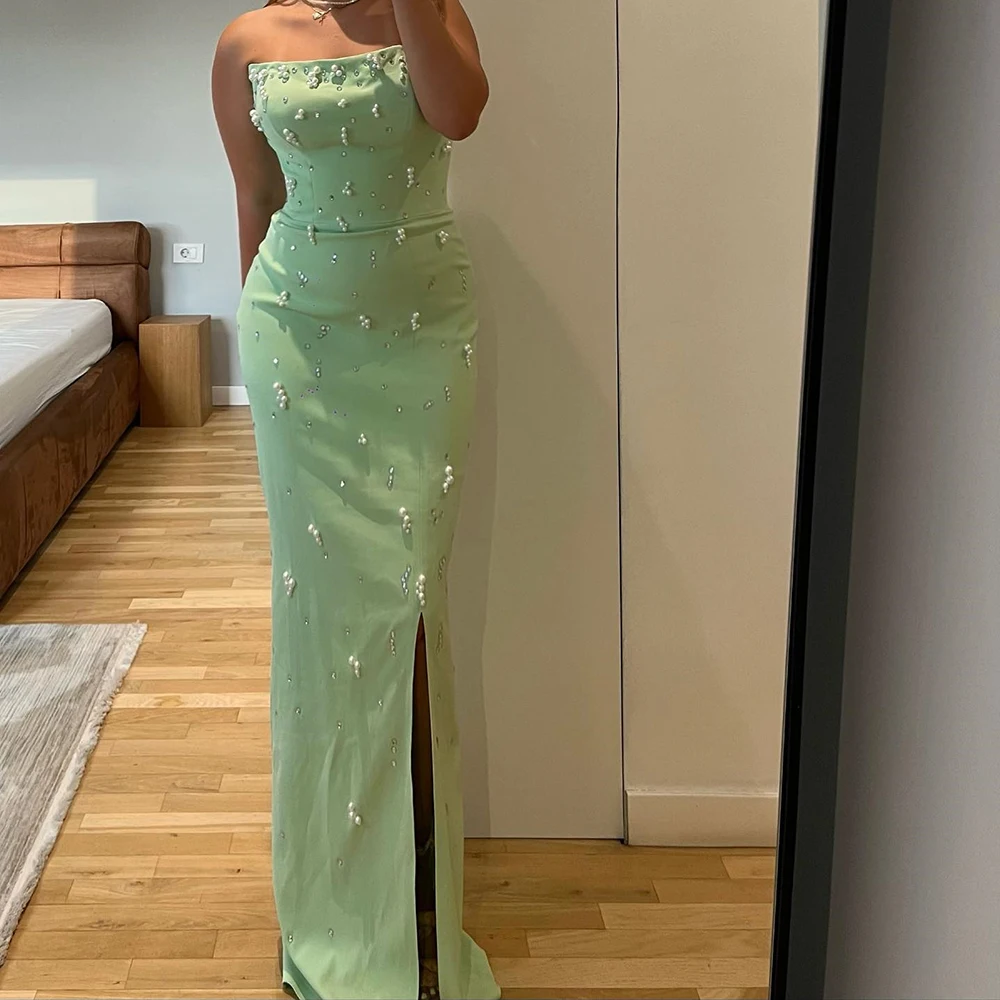 Customized Straight Evening Dresses Floor-length Strapless Sleeveless Prom Gown Fashion Beading Crystal Side-split Party Gown
Customized Straight Evening Dresses Floor-length Strapless Sleeveless Prom Gown Fashion Beading Crystal Side-split Party Gown