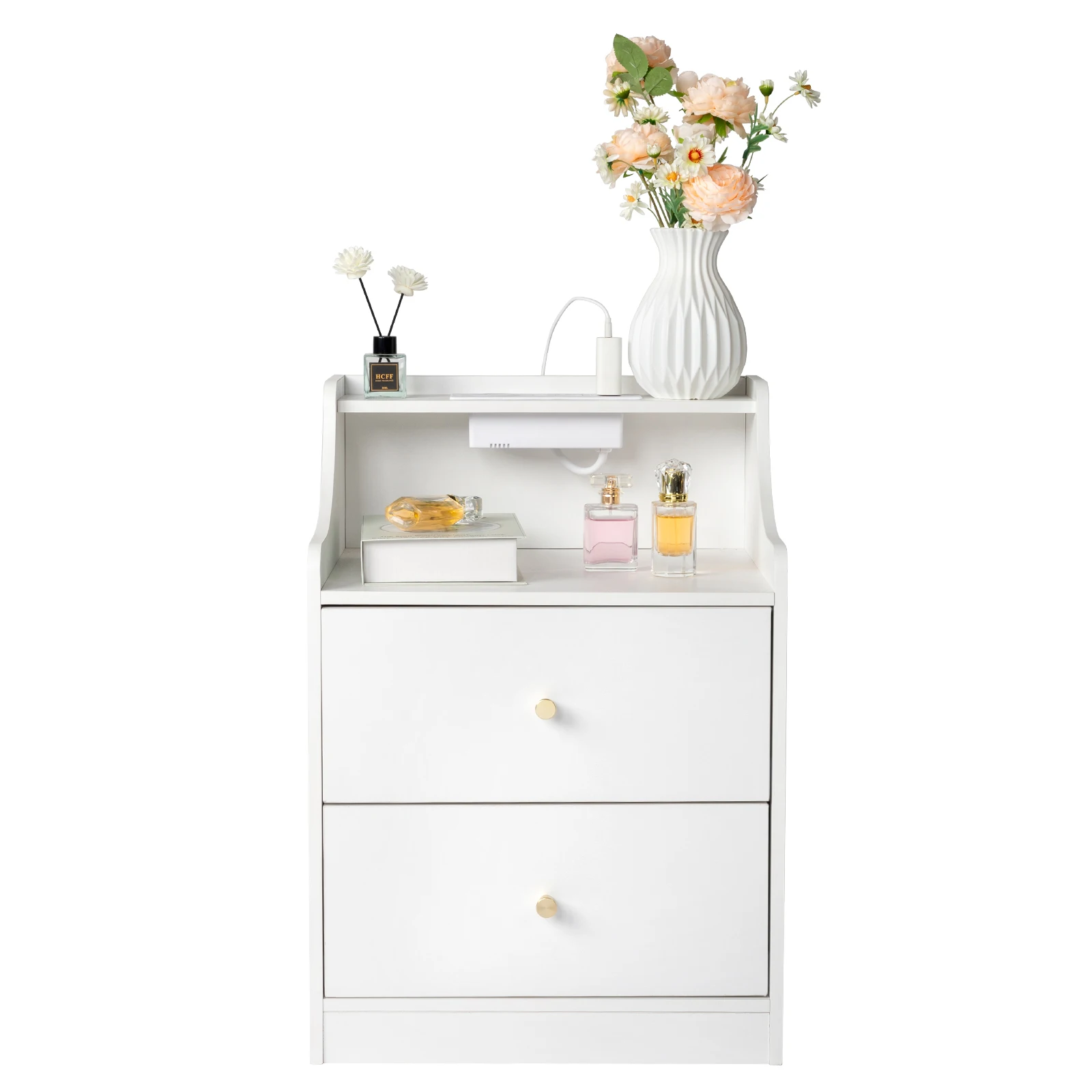 White particleboard with triamine Matt gold tapered handle 45*35*63cm 2 drawers 1 wireless + 2 USB ports + 2 three-pin ports
White particleboard with triamine Matt gold tapered handle 45*35*63cm 2 drawers 1 wireless + 2 USB ports + 2 three-pin ports