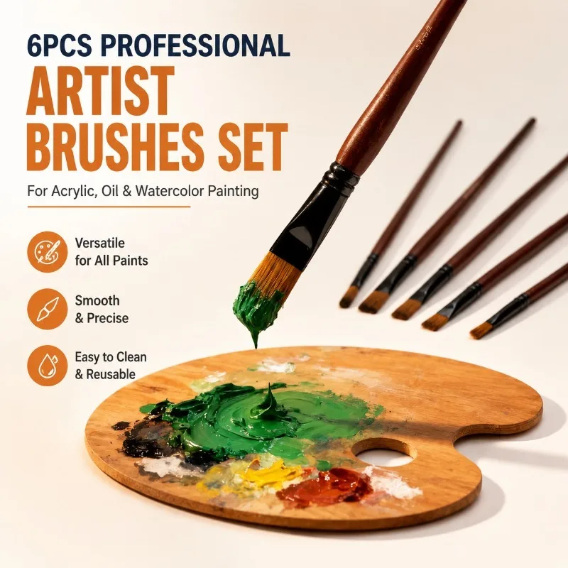 6pcs Professional Nylon Artist Paint Brushes Set for Acrylic, Oil & Watercolor Painting, Ergonomic & Easy Clean
6pcs Professional Nylon Artist Paint Brushes Set for Acrylic, Oil & Watercolor Painting, Ergonomic & Easy Clean