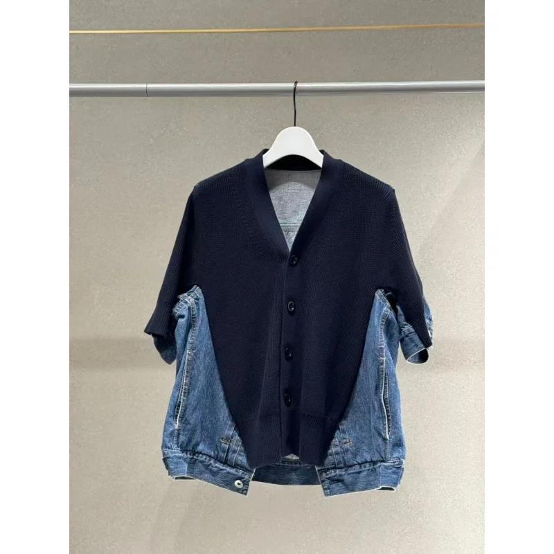FOG SACAI Casual Style Knitted Short Sleeve Denim Patchwork V-Neck Color Block Lightweight Spring Summer Open Cardigan for Women
FOG SACAI Casual Style Knitted Short Sleeve Denim Patchwork V-Neck Color Block Lightweight Spring Summer Open Cardigan for Women