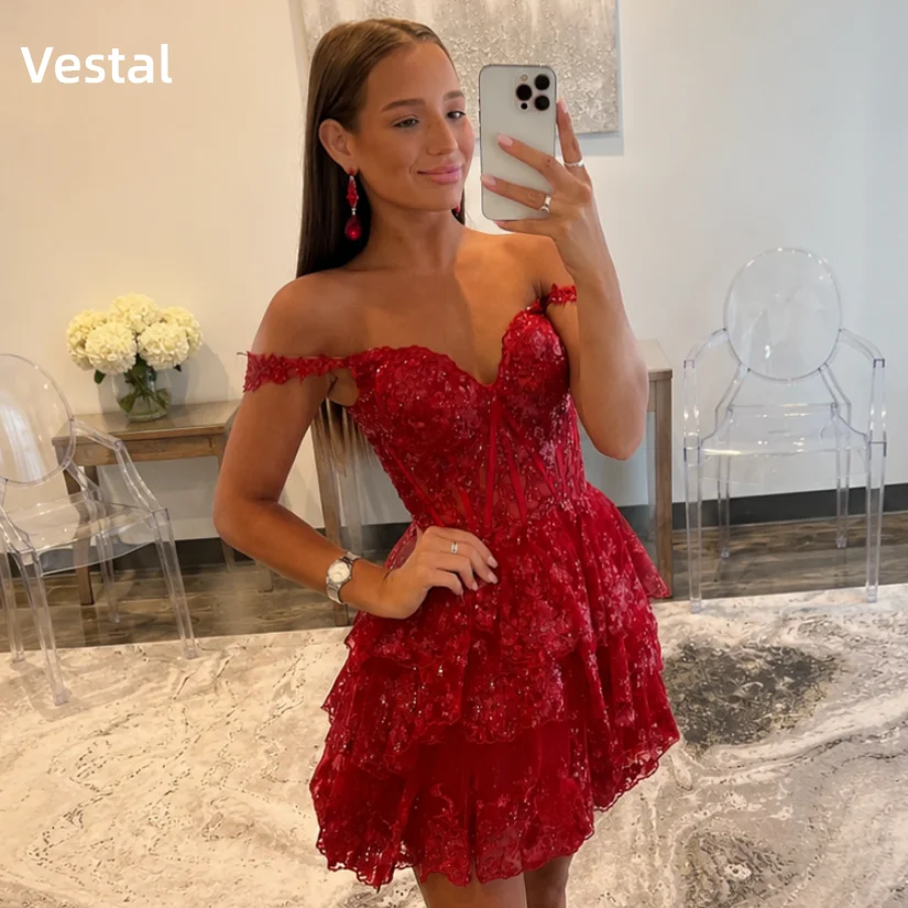 Vestal Red Off Shoulder Homecoming Dress Sweetheart Corset Tiered Lace Sequin A-Line Mini Prom Dress Cocktail Birthday Customize
Vestal Red Off Shoulder Homecoming Dress Sweetheart Corset Tiered Lace Sequin A-Line Mini Prom Dress Cocktail Birthday Customize