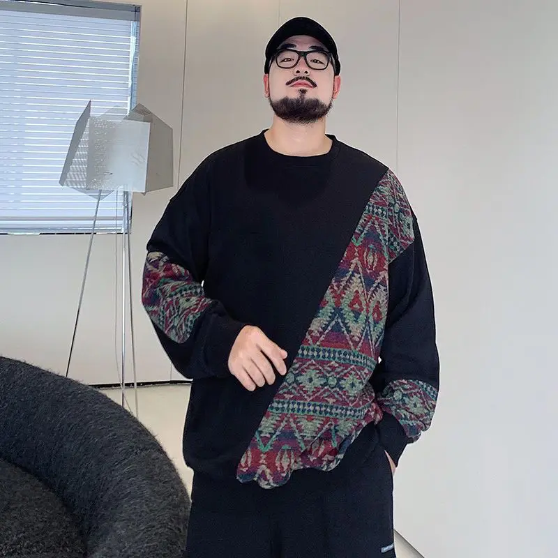 300 catties large size men's fashion brand fat man plus fat plus spring loose round neck ethnic style splicing trendy sweatshirt
300 catties large size men's fashion brand fat man plus fat plus spring loose round neck ethnic style splicing trendy sweatshirt