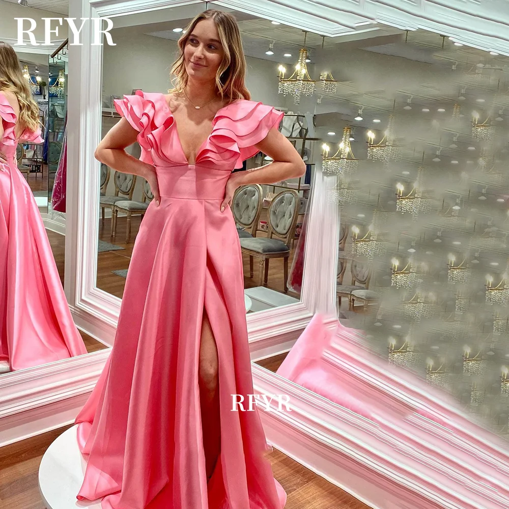 RFYR A Line Pink Satin Prom Dress with Flattering Ruffled Evening Dress High Slit Party Dress for Women Customized
RFYR A Line Pink Satin Prom Dress with Flattering Ruffled Evening Dress High Slit Party Dress for Women Customized