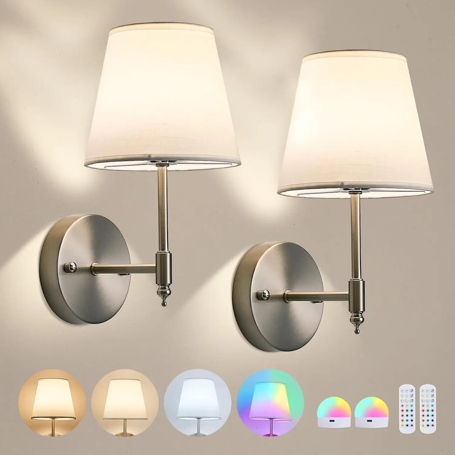 2PC LED Battery Wall Light, Rechargeable, Remote Control, RGB Wireless, Silver Color, Gold, for Bedroom, Living Room, Hallway
2PC LED Battery Wall Light, Rechargeable, Remote Control, RGB Wireless, Silver Color, Gold, for Bedroom, Living Room, Hallway