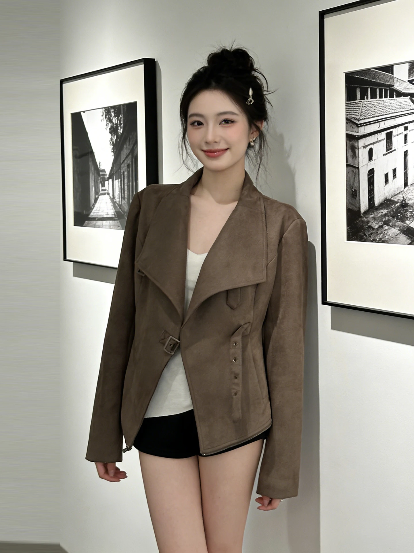 Retro American Suede Motorcycle Jaet Women's Long Sve Large Collar Waist Cinched ort Outerwear Spring 2026
Retro American Suede Motorcycle Jaet Women's Long Sve Large Collar Waist Cinched ort Outerwear Spring 2026