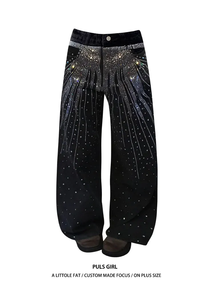 Large Size American Street Style Women's Jeans High Waist Wide Leg Pants Drilled Rhinestones Washed down Drapey Slimming
Large Size American Street Style Women's Jeans High Waist Wide Leg Pants Drilled Rhinestones Washed down Drapey Slimming