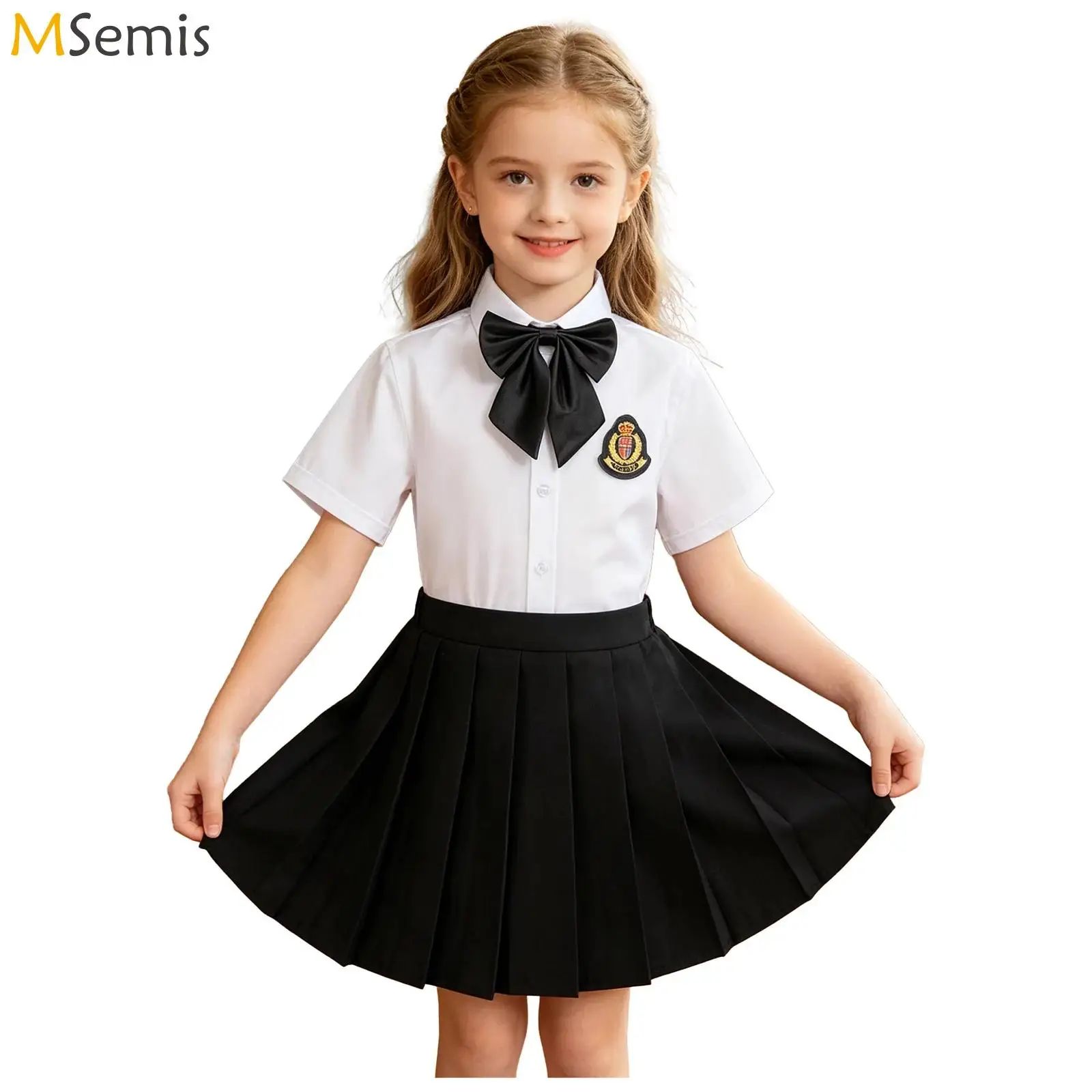 Kids Girls School Uniform Short-sleeve Button Shirt with Pleated Skirt Badge And Bow-tie Classic Preppy School Student Attire
Kids Girls School Uniform Short-sleeve Button Shirt with Pleated Skirt Badge And Bow-tie Classic Preppy School Student Attire