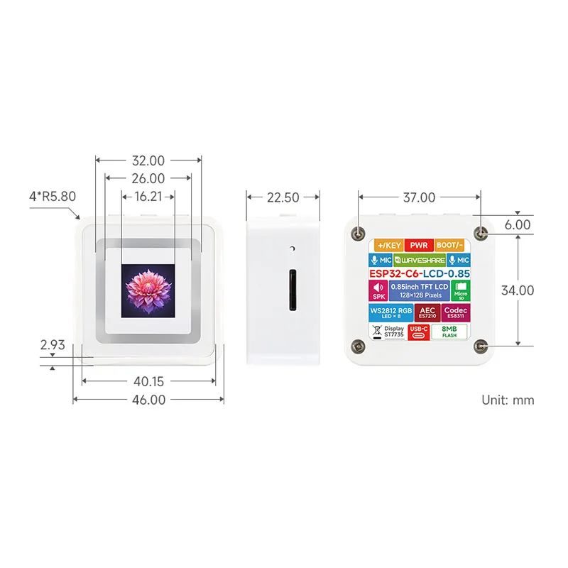 ESP32-C6 0.85" 128x128 LCD Board - RISC-V MCU, Wi-Fi 6, Bluetooth 5, AI Speech, Dual Mic, LLM Support
ESP32-C6 0.85" 128x128 LCD Board - RISC-V MCU, Wi-Fi 6, Bluetooth 5, AI Speech, Dual Mic, LLM Support