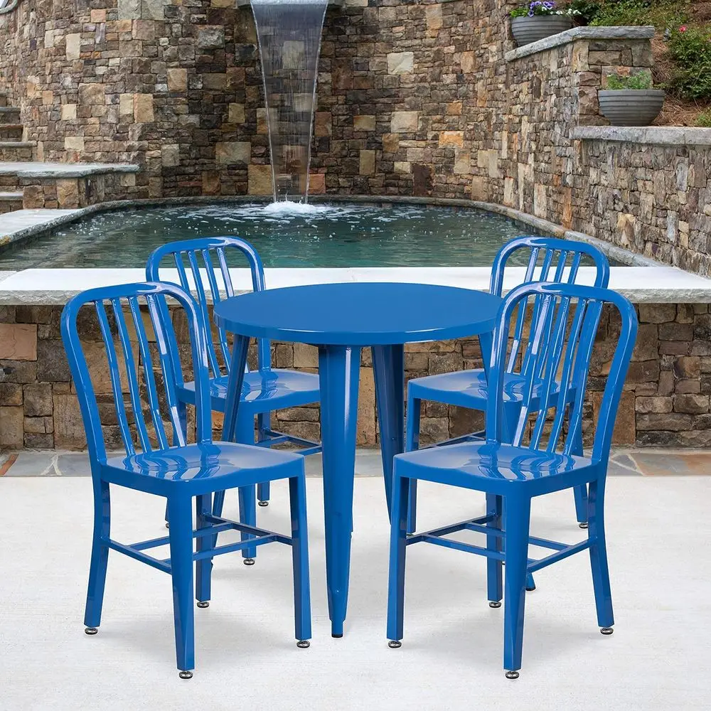 Commercial Grade 30 Round Blue Metal Table with 4 Veal Slat Back Chairs
Commercial Grade 30 Round Blue Metal Table with 4 Veal Slat Back Chairs