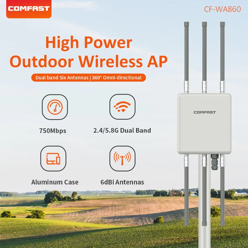 Высокомощный уличный маршрутизатор AP 750 Мбит/с 2,4 и 5,8 ГГц Wi-Fi усилитель 6 дБи антенны удлинитель дальнего действия повторитель точка доступа CF-WA860
Высокомощный уличный маршрутизатор AP 750 Мбит/с 2,4 и 5,8 ГГц Wi-Fi усилитель 6 дБи антенны удлинитель дальнего действия повторитель точка доступа CF-WA860
