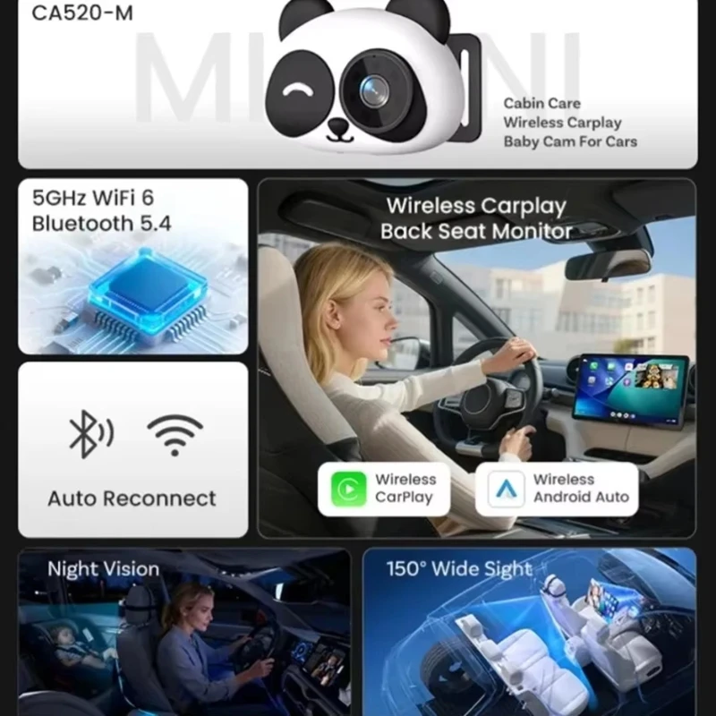 Wireless CarPlay Baby Monitor Camera Adapter Rearview InCar Infant Pet Monitor Wired-to-Wireless Box Plug&Play For Car Backseat