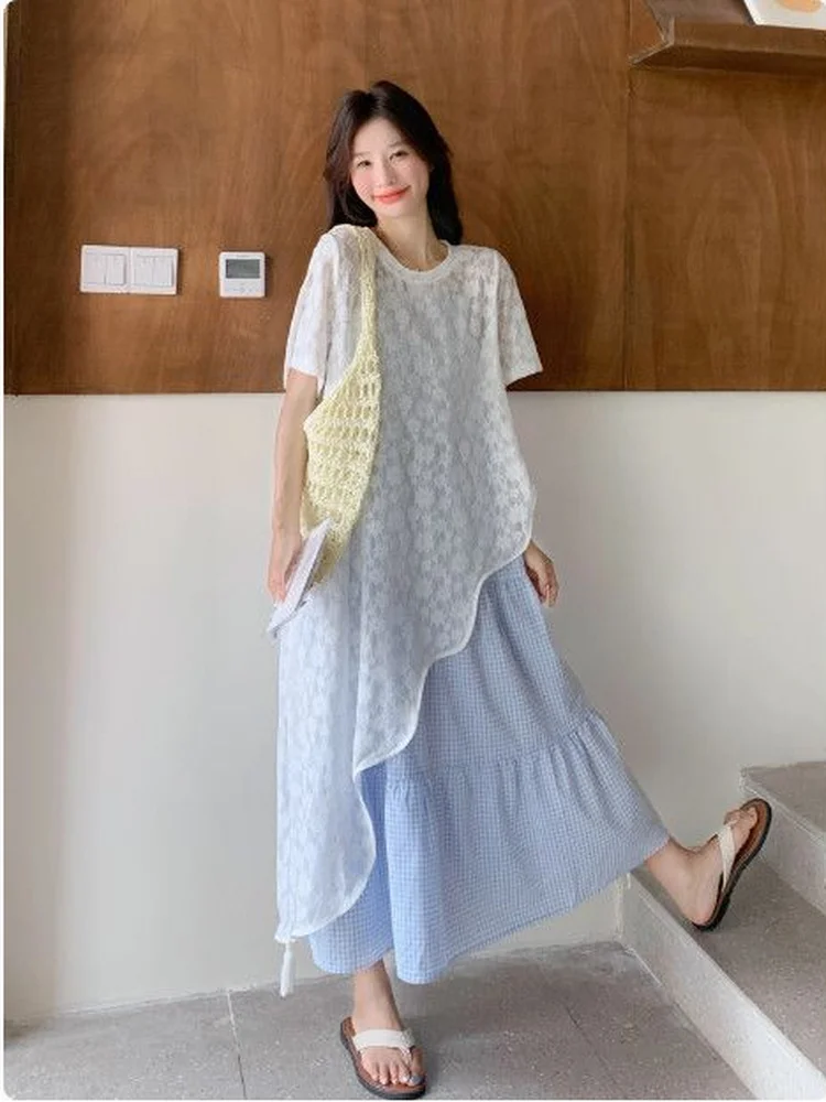 Summer New Sweet Korean Style Women's Lace Cover up Plaid Halter Dress Set Breathable Polyester Loose Fit Short Sleeve
Summer New Sweet Korean Style Women's Lace Cover up Plaid Halter Dress Set Breathable Polyester Loose Fit Short Sleeve