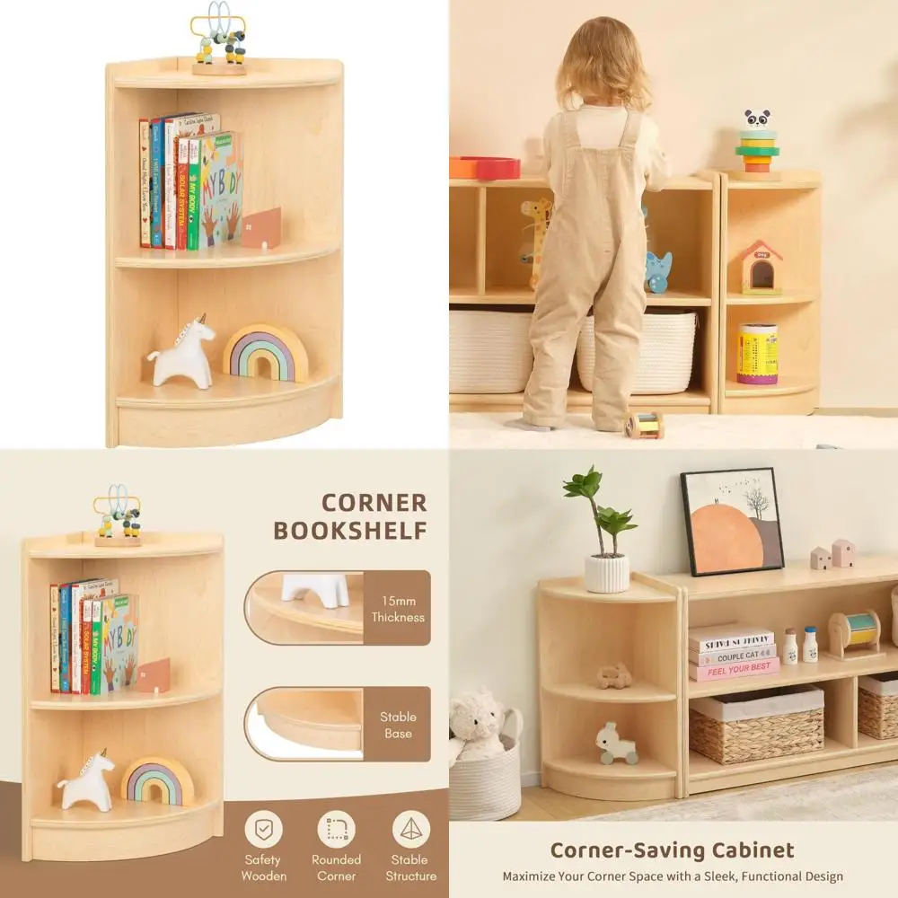 "two-tier wooden corner cabinet for kids' toy storage and montessori shelves ideal for playrooms, nurseries, and classrooms"
"two-tier wooden corner cabinet for kids' toy storage and montessori shelves ideal for playrooms, nurseries, and classrooms"