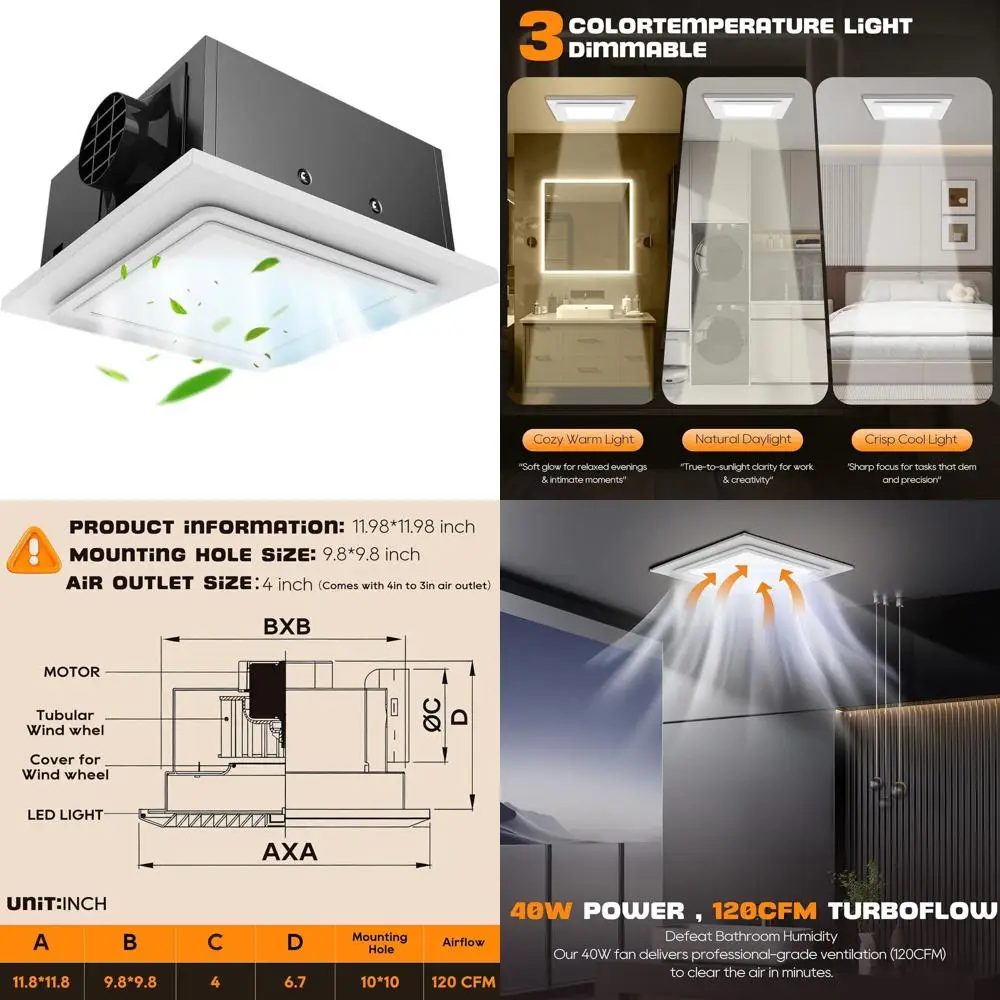 12 Silent Bathroom Exhaust Fan with 6500K LED Light, 1.0 Sone, 120 CFM, 10x10 Mount, 1500 Lumens Ceiling Ventilation, Energy Eff
12 Silent Bathroom Exhaust Fan with 6500K LED Light, 1.0 Sone, 120 CFM, 10x10 Mount, 1500 Lumens Ceiling Ventilation, Energy Eff