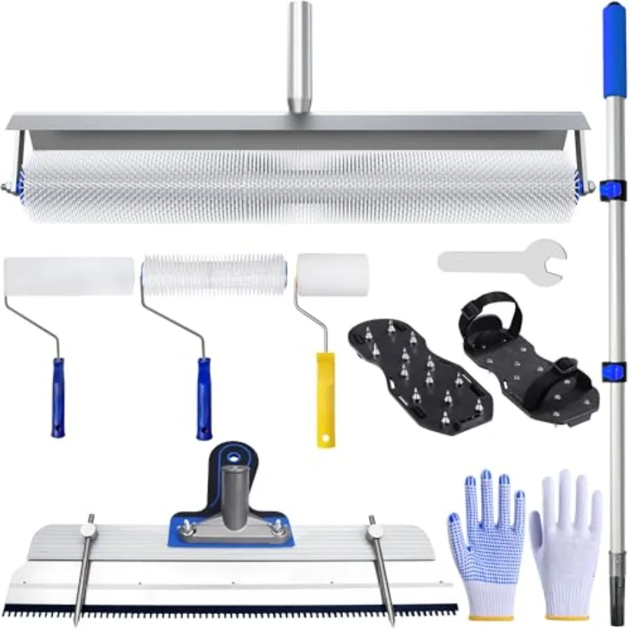 Epoxy Flooring Tool Kit 20" Spiked Roller 18" Gauge Rake 9" Spiked Roller 9" Floor Brush 4" Detail Brush Spike Shoes Gloves and
Epoxy Flooring Tool Kit 20" Spiked Roller 18" Gauge Rake 9" Spiked Roller 9" Floor Brush 4" Detail Brush Spike Shoes Gloves and