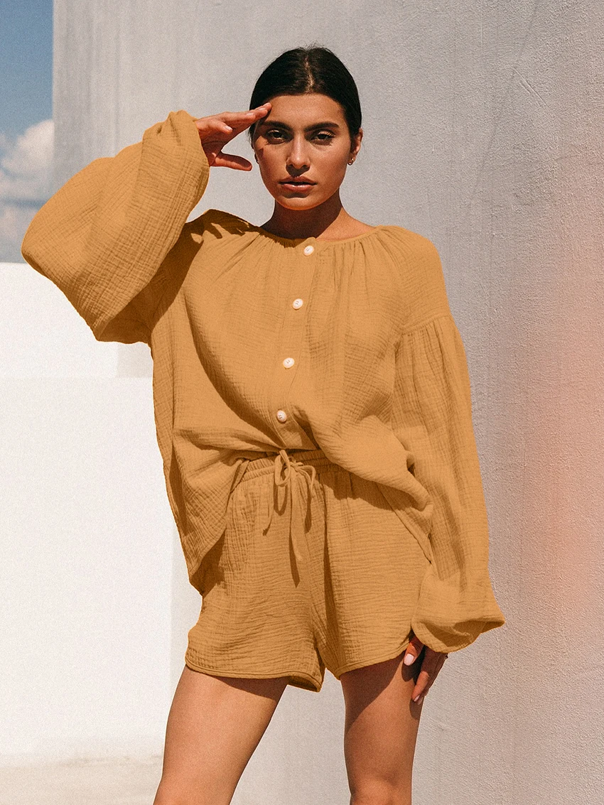 Marthaiqiqi Cotton Summer Women Pajamas Suit Long Sleeve Nightgowns O-Neck Nightwear Shorts Casual Ladies Sleepwear 2 Piece Set
Marthaiqiqi Cotton Summer Women Pajamas Suit Long Sleeve Nightgowns O-Neck Nightwear Shorts Casual Ladies Sleepwear 2 Piece Set