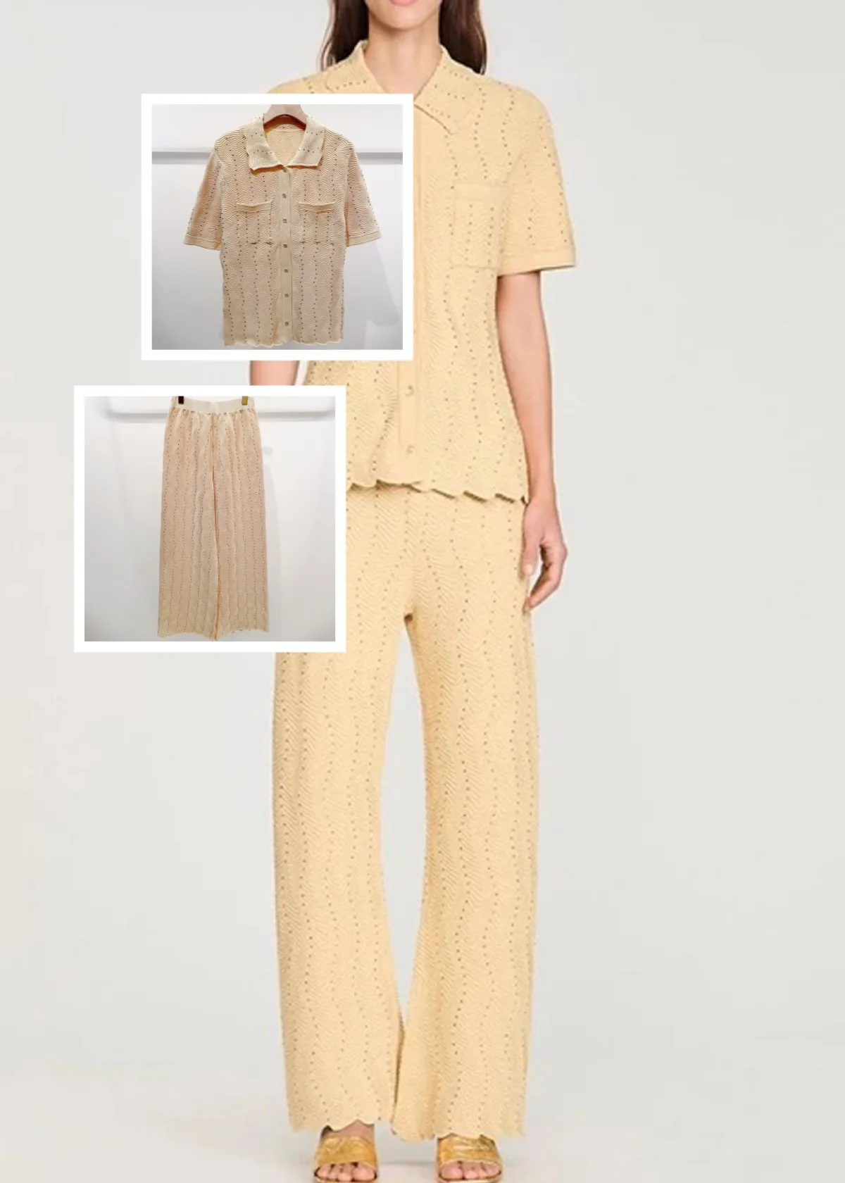 Hot Rhinestone Decoration Knit Set Women Turn-Down Collar Sshort Sleev Knitted Top + Straight Leg Pants Elegant Commuter Suit
Hot Rhinestone Decoration Knit Set Women Turn-Down Collar Sshort Sleev Knitted Top + Straight Leg Pants Elegant Commuter Suit