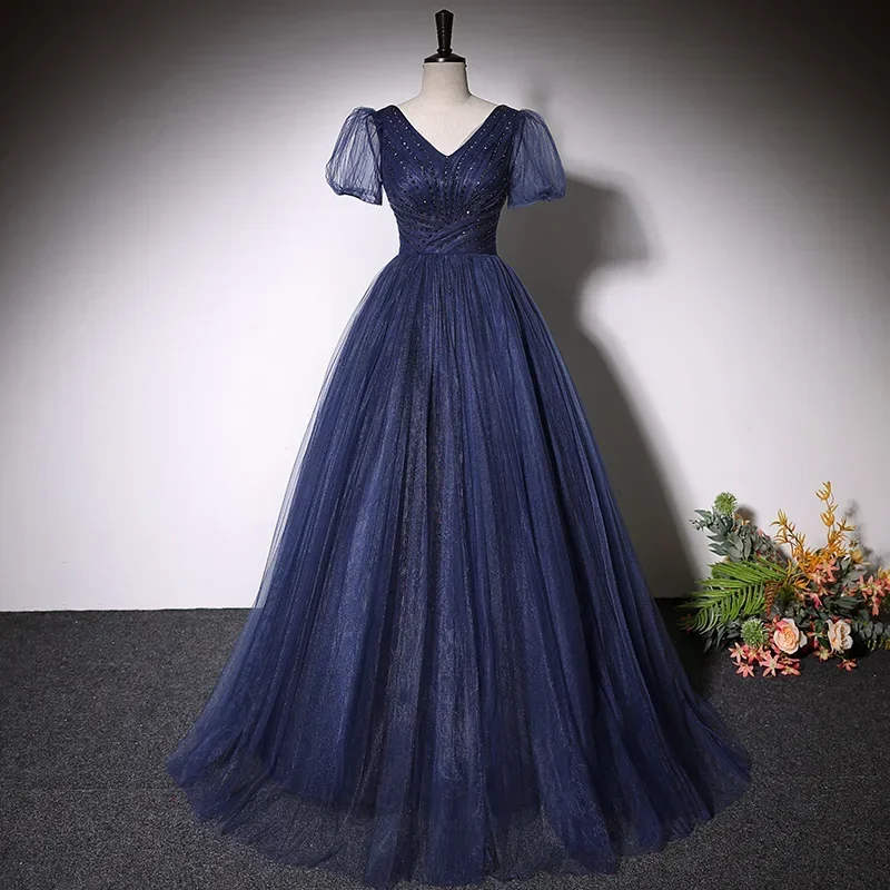Navy Blue Evening Dress Quality Beading V-neck Pleat Short Sleeves Lace up A-line Floor Length Plus size Women Party Formal Gown
Navy Blue Evening Dress Quality Beading V-neck Pleat Short Sleeves Lace up A-line Floor Length Plus size Women Party Formal Gown