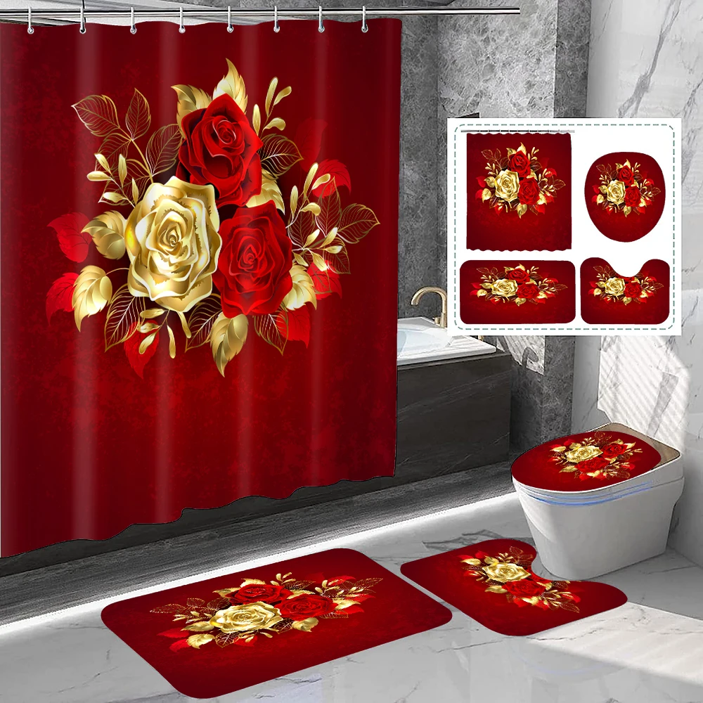 1 set of red and gold rose printed shower curtains, summer style, with 12 hooks and bathroom floor mats
1 set of red and gold rose printed shower curtains, summer style, with 12 hooks and bathroom floor mats