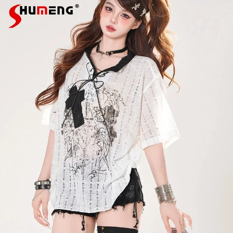 New American Punk Style Micro-transparent Short-sleeved Hollow T-shirt Women's Summer Loose And Thin Top Blouse Pullover Ladies
New American Punk Style Micro-transparent Short-sleeved Hollow T-shirt Women's Summer Loose And Thin Top Blouse Pullover Ladies