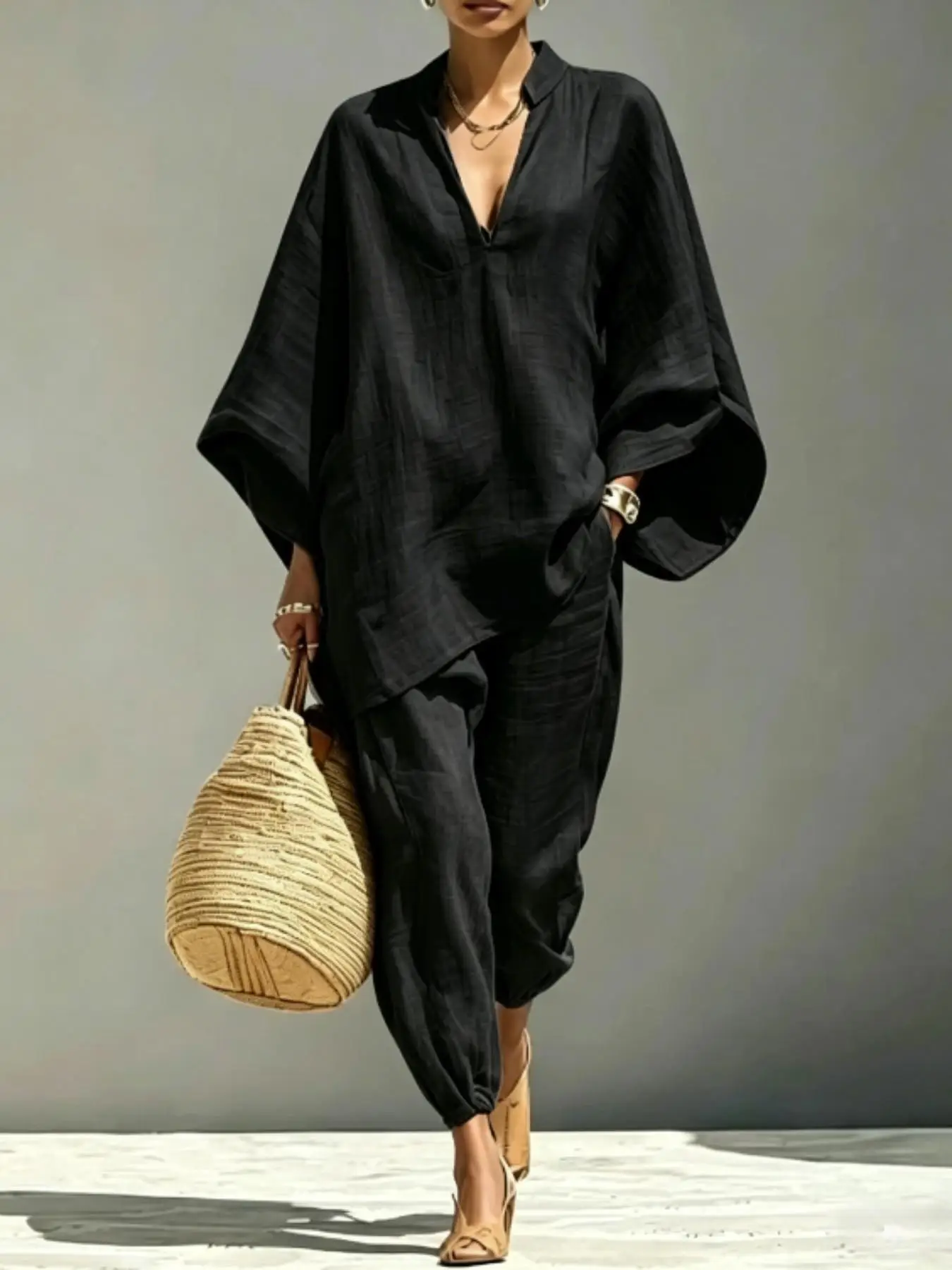 Ladies Summer Loose Solid Color Linen Deep V-neck Batwing Sleeve Cuffed Nine-Piece Casual Set Comfortable Daily Wear Multiple Co
Ladies Summer Loose Solid Color Linen Deep V-neck Batwing Sleeve Cuffed Nine-Piece Casual Set Comfortable Daily Wear Multiple Co