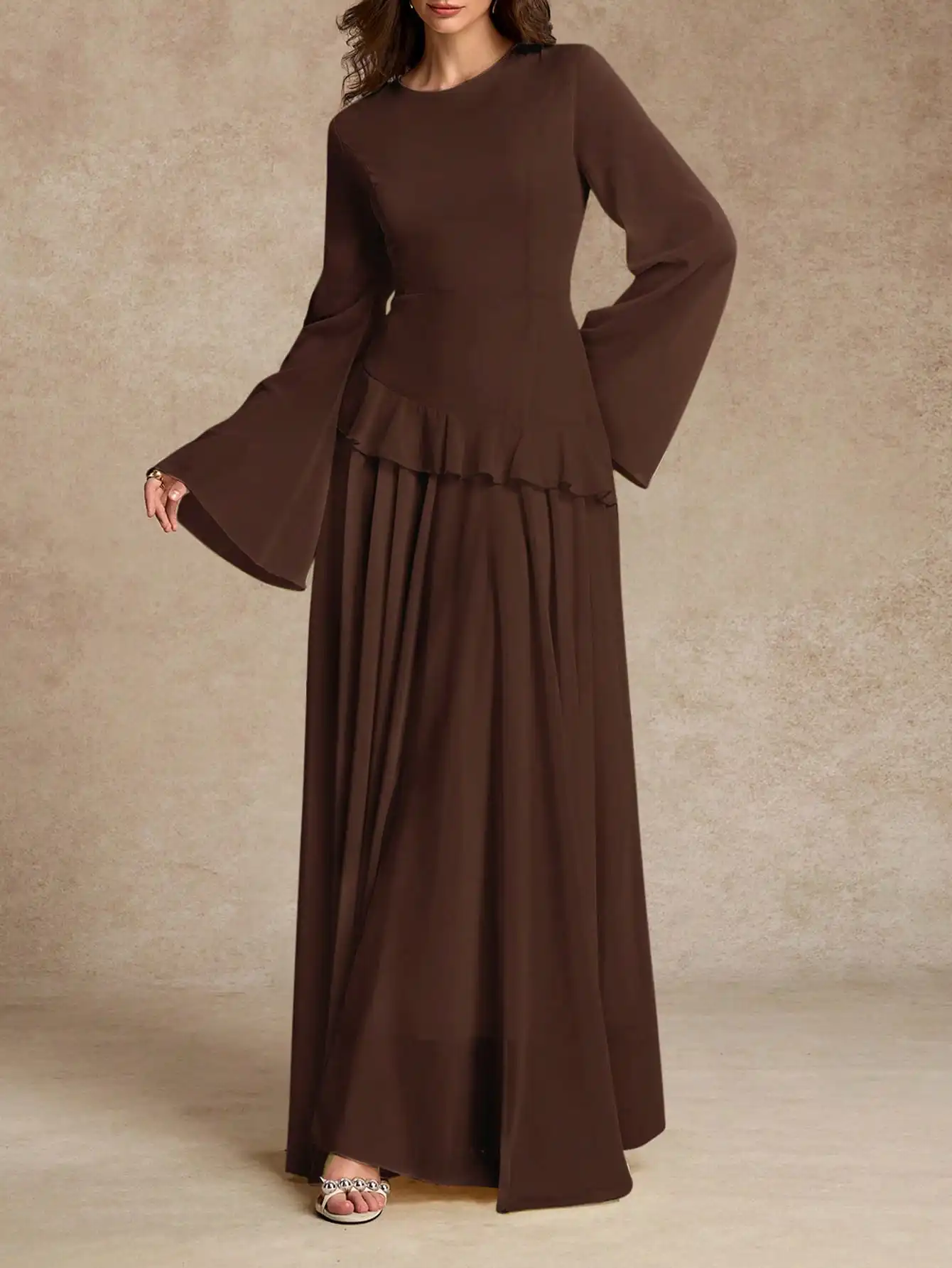 Women Elegant Ruffle Trim Flare Sleeve Maxi Dress
Women Elegant Ruffle Trim Flare Sleeve Maxi Dress