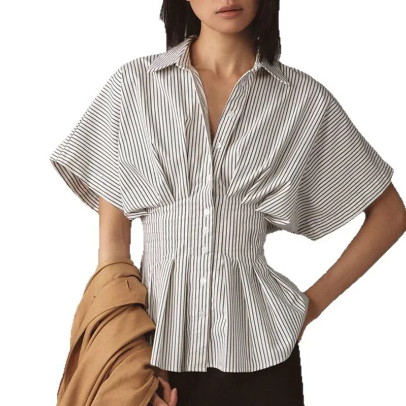 Women Summer Striped Batwing A Line Slim Pleated Lapel Short Sleeve Single Breasted Shirt Office Lady Korean Commuting Tops Tees
Women Summer Striped Batwing A Line Slim Pleated Lapel Short Sleeve Single Breasted Shirt Office Lady Korean Commuting Tops Tees