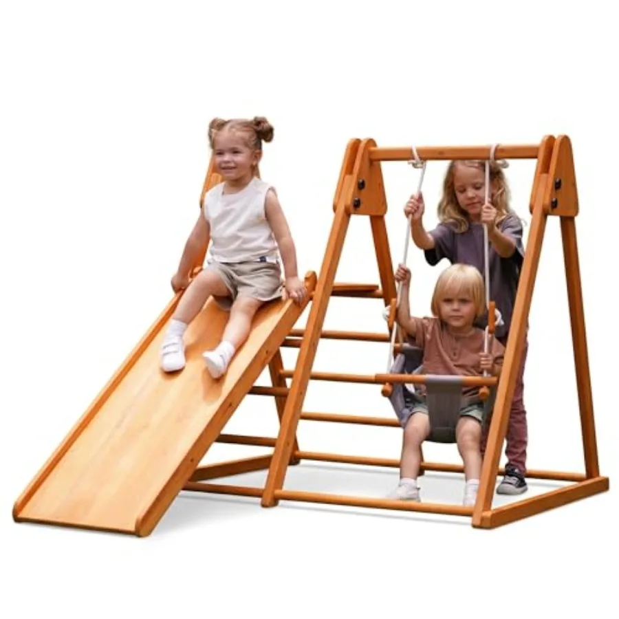 Outdoor jungle gym for kids 18mo-6yrs: foldable wooden playset in natural wood tone with baby swing, slide, ladder, and climbin
Outdoor jungle gym for kids 18mo-6yrs: foldable wooden playset in natural wood tone with baby swing, slide, ladder, and climbin