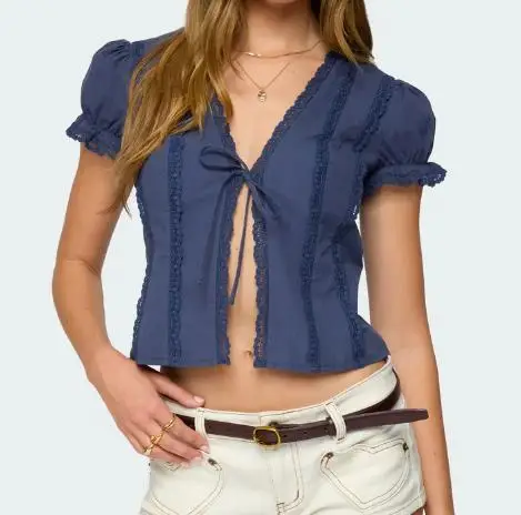 Women s Tie-up Front T-Shirts Short Sleeve V Neck Lace Patchwork Tops Scalloped T-Shirts
Women s Tie-up Front T-Shirts Short Sleeve V Neck Lace Patchwork Tops Scalloped T-Shirts