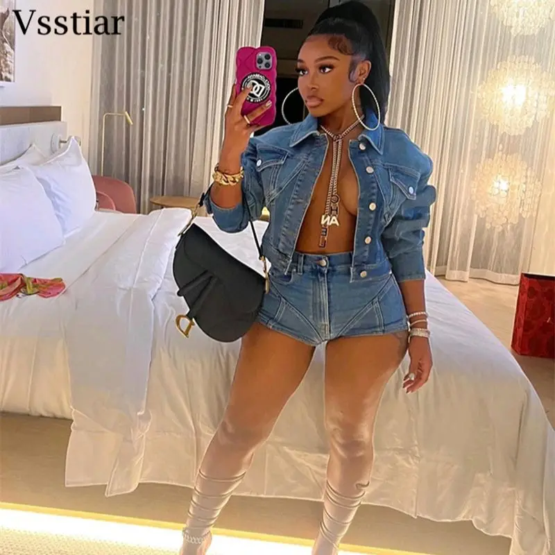 Vsstiar Long Sleeve Denim Jacket Tops And Mini Shorts Fashion Streetwear Women Two Piece Set Casual Matching Suit Clothing
Vsstiar Long Sleeve Denim Jacket Tops And Mini Shorts Fashion Streetwear Women Two Piece Set Casual Matching Suit Clothing
