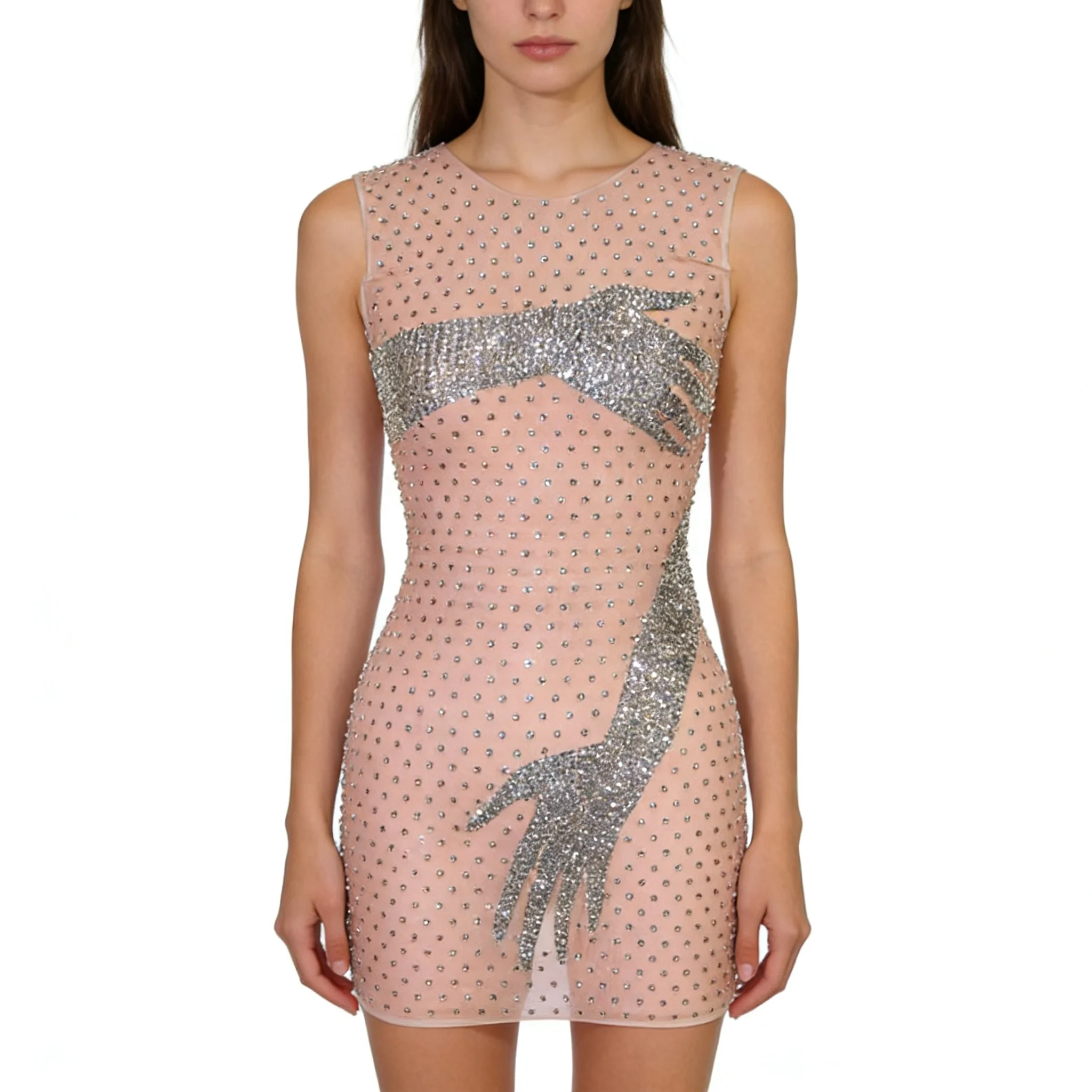 Khaki women's sleeveless sexy sheer see-through mini dress, sparkling rhinestones, celebration nightclub party dance costume
Khaki women's sleeveless sexy sheer see-through mini dress, sparkling rhinestones, celebration nightclub party dance costume