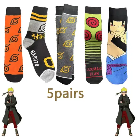 Conjunto de meias com tema de Naruto 1/5 pares de faixa de cabeça Konoha / Uchiha Sasuke / Uzumaki emblema do clã anime meias da moda