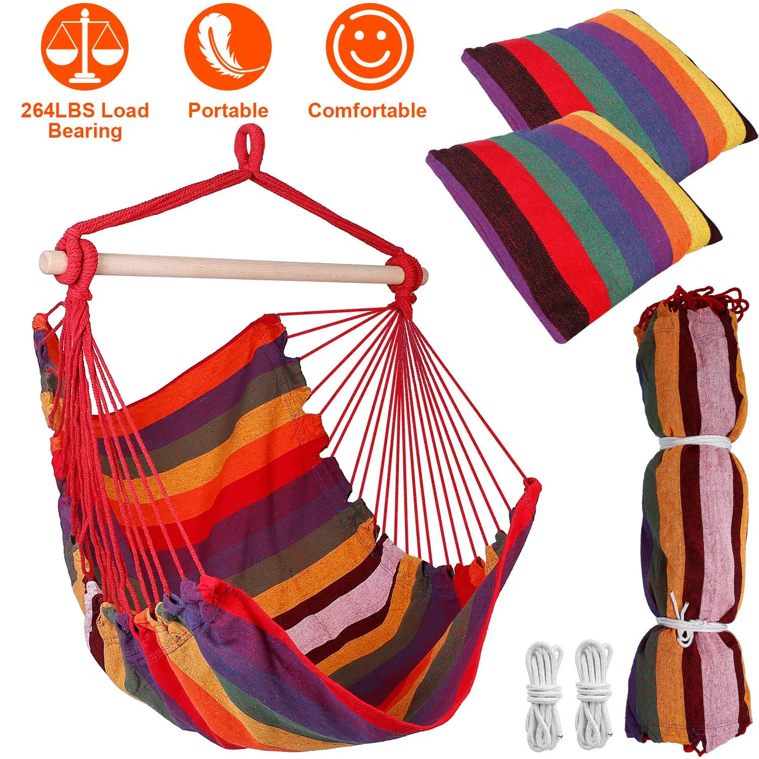 Hammock Hanging Chair Canvas Porch Patio Swing Seat Portable Camping Rope Seat Wooden Stick Hammock Chair with 2 Pillows
Hammock Hanging Chair Canvas Porch Patio Swing Seat Portable Camping Rope Seat Wooden Stick Hammock Chair with 2 Pillows