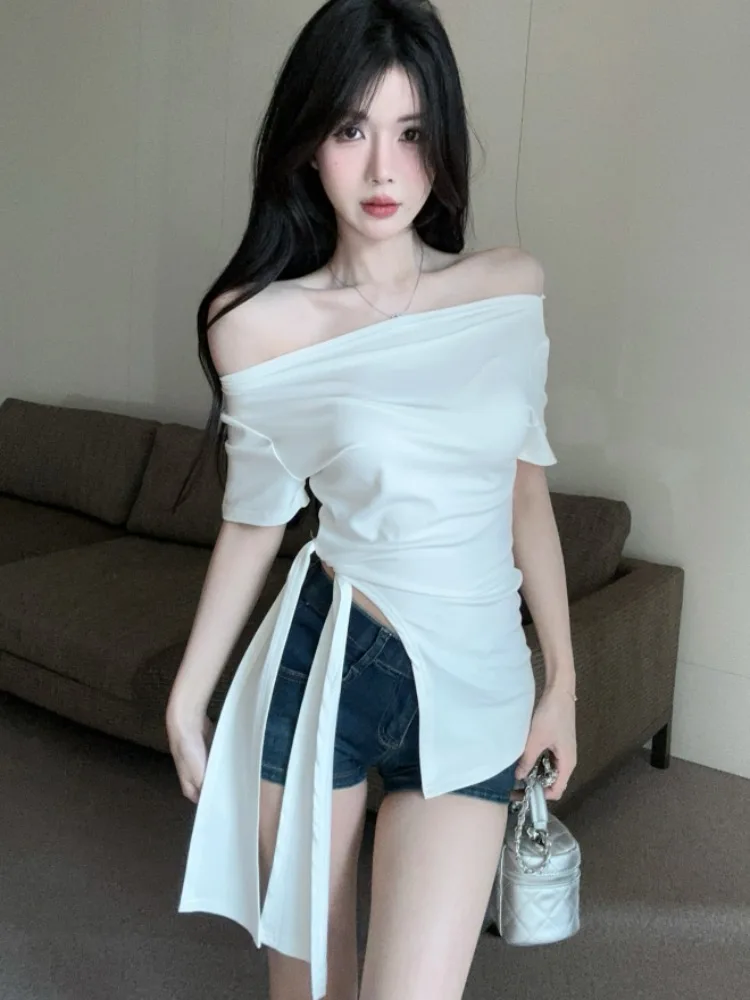 Unique Beautiful Women's White Short Sleeve T-Shirt Summer Pure Desire Spicy Girl One Shoulder Exposure Small Top Irregular Tied
Unique Beautiful Women's White Short Sleeve T-Shirt Summer Pure Desire Spicy Girl One Shoulder Exposure Small Top Irregular Tied